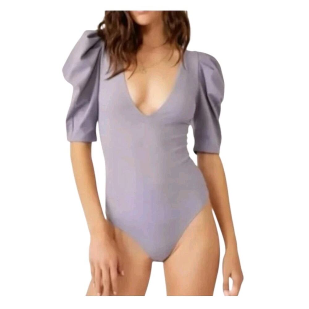 Free People Lavender Puff Sleeve V-Neck Bodysuit